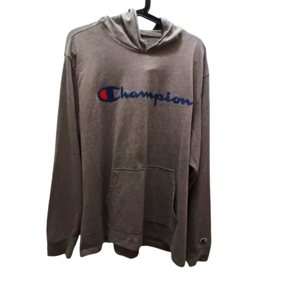 Champion mens gray pullover hoodie with logo. Drawstring closure. (XL)